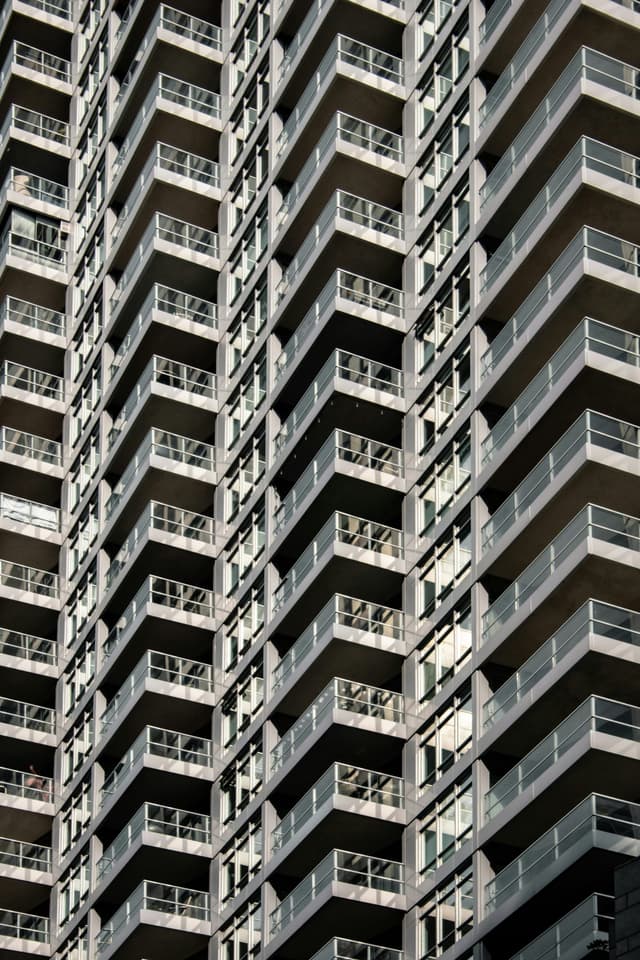 Geometric repeating balcony pattern on modern apartment building
